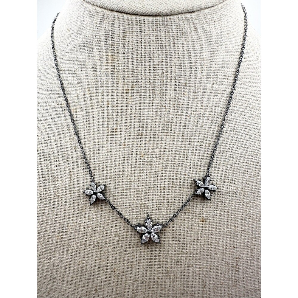 925 Oxidized Sterling Silver Floral Station Necklace 16.5”